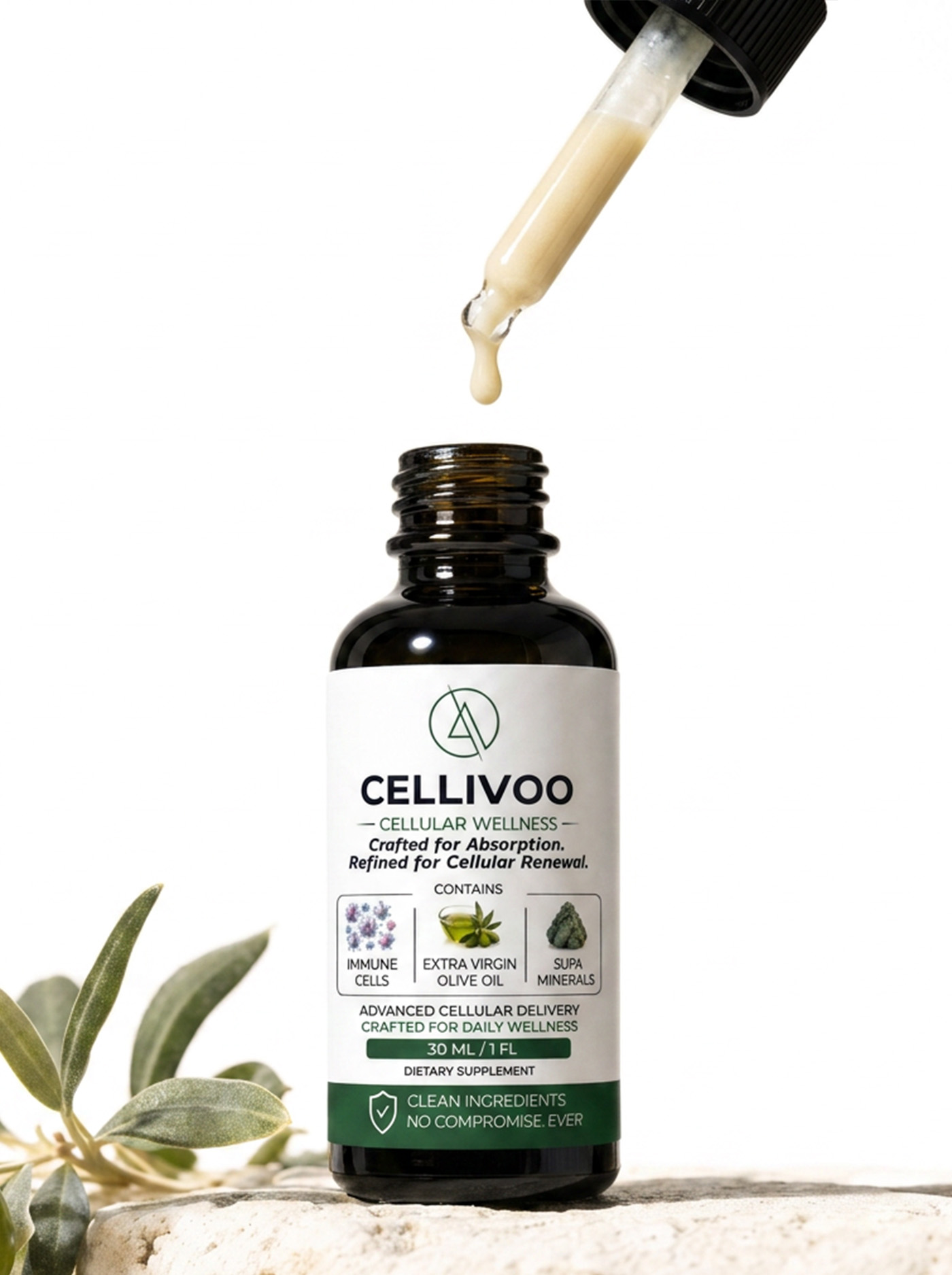 The Cellivoo bottle open on pale stone, a drop of the cream coloured emulsion falling from the dropper