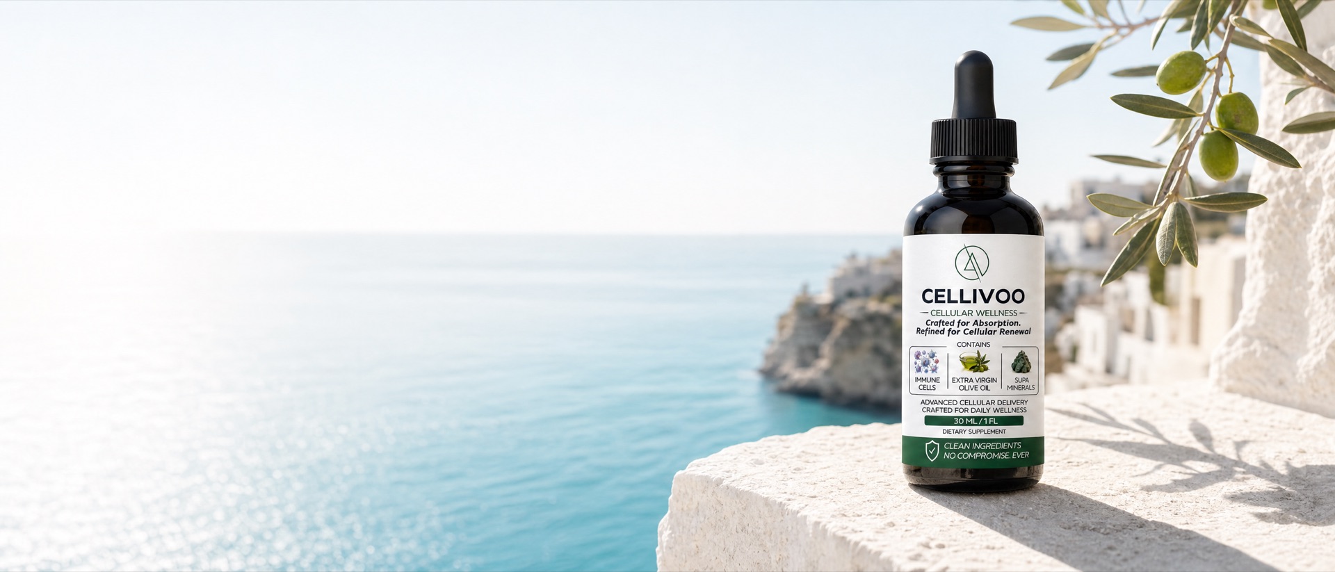 The Cellivoo bottle on sun-bleached stone above the sea