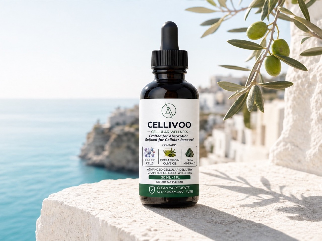 The Cellivoo bottle on a whitewashed stone ledge beneath an olive branch, the sea behind