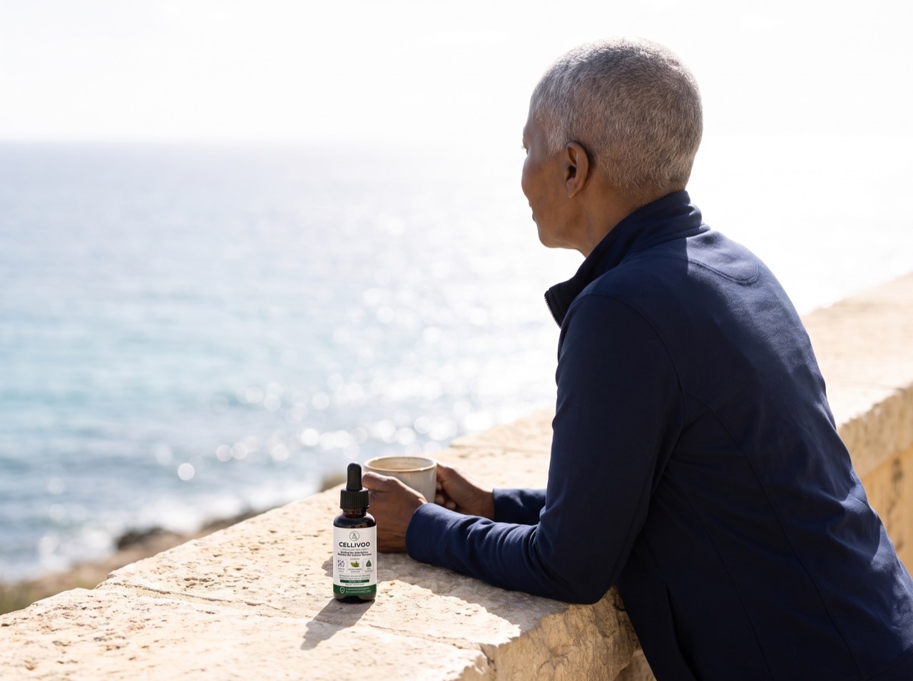 A woman in her sixties on a stone terrace above the sea with her morning coffee, the bottle beside her