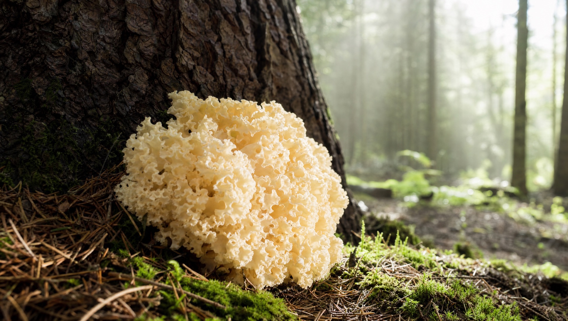A cauliflower mushroom growing at the base of a pine